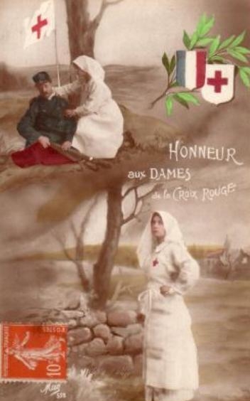 Carte poştală franceză celebrând rolul Crucii Roşii în Primul Război Mondial 1915
