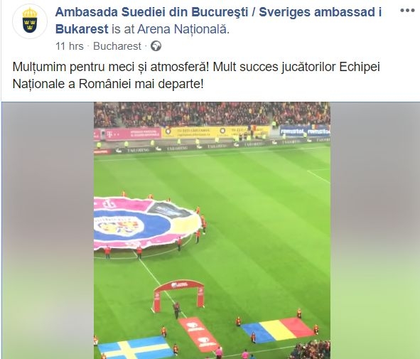 Mesajul Ambasadei Suediei după meciul România-Suedia 0-2