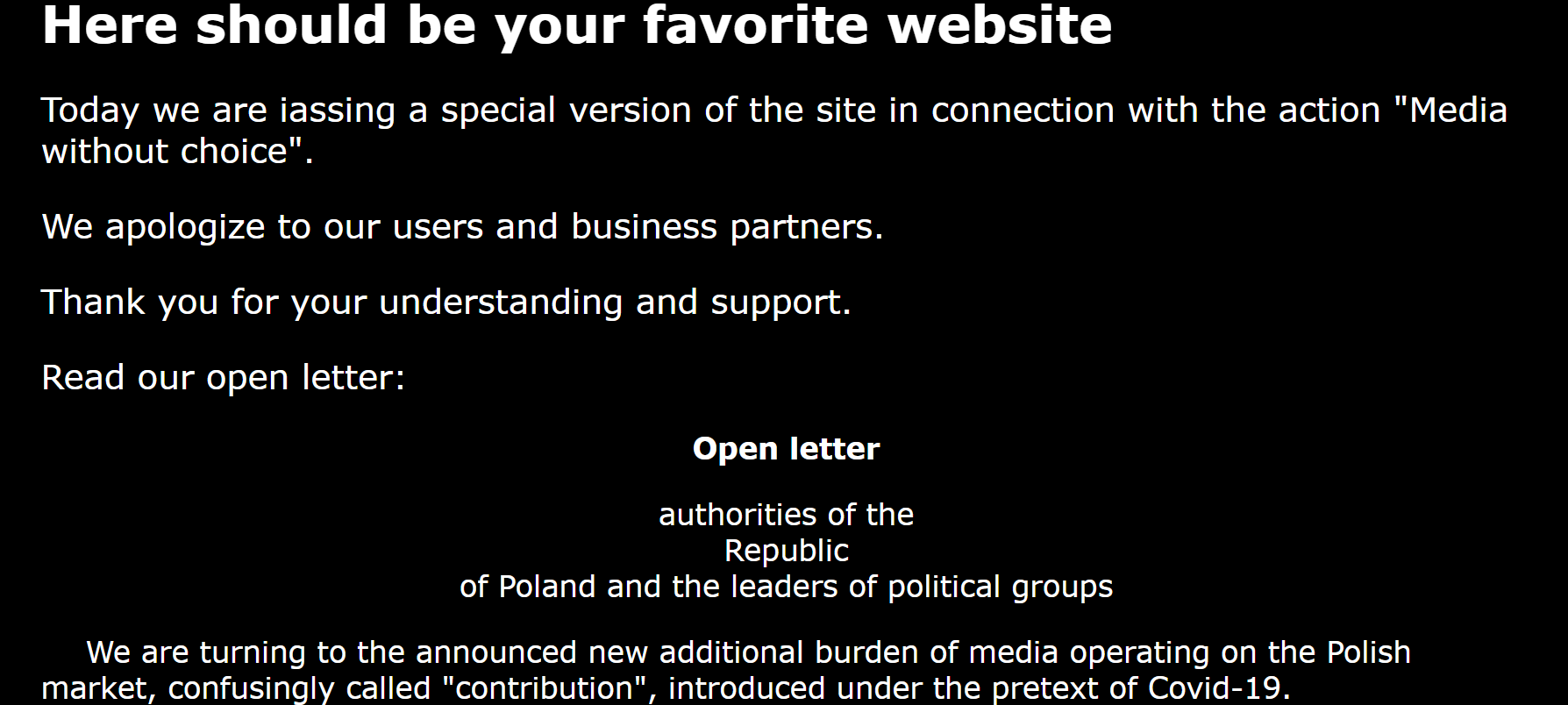 Anunt pe mai multe site-uri ale mass media private din Polonia