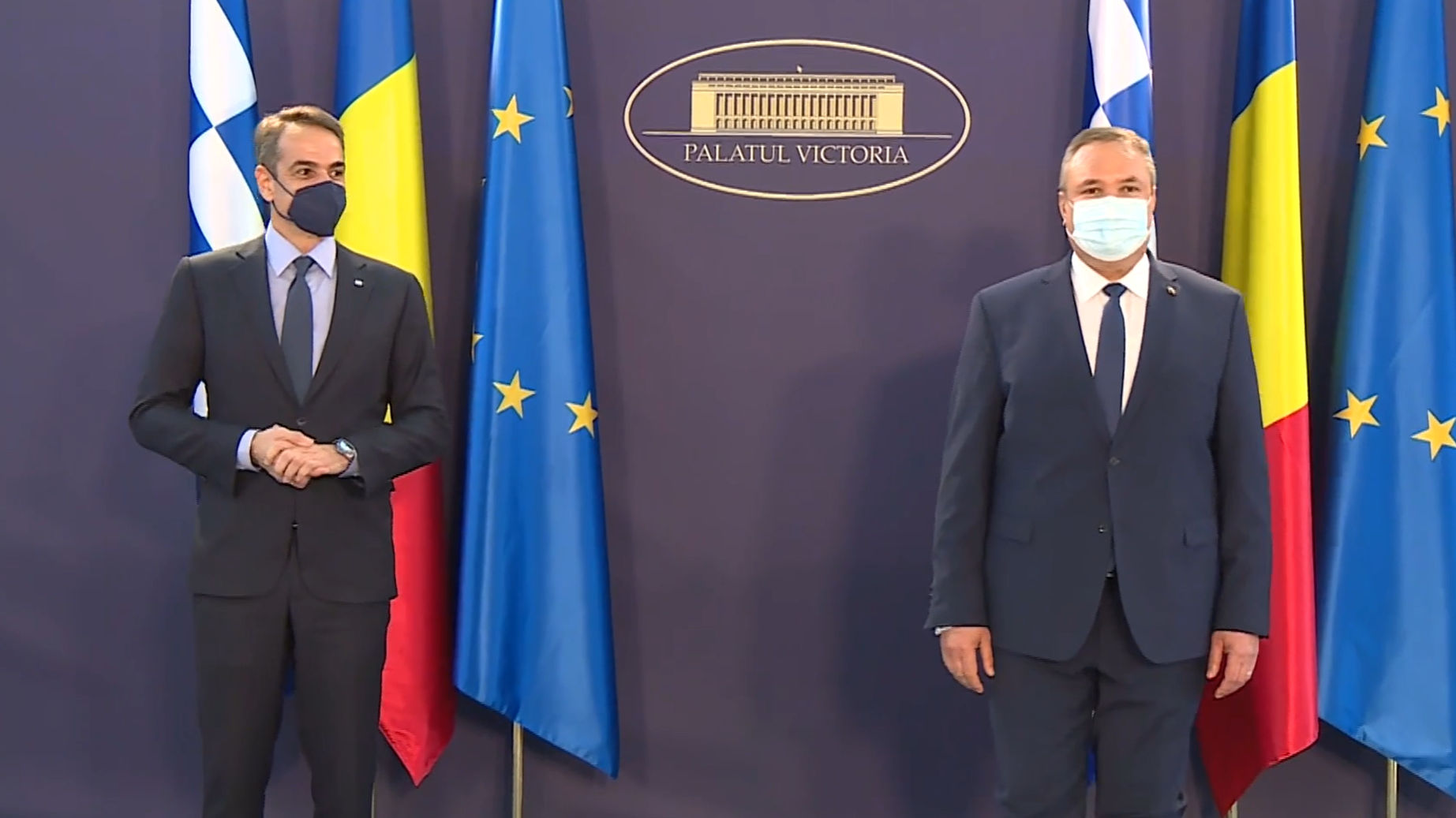 Întâmpinarea de către premierul Nicolae-Ionel Ciucă a prim-ministrului Republicii Elene Kyriakos Mitsotakis