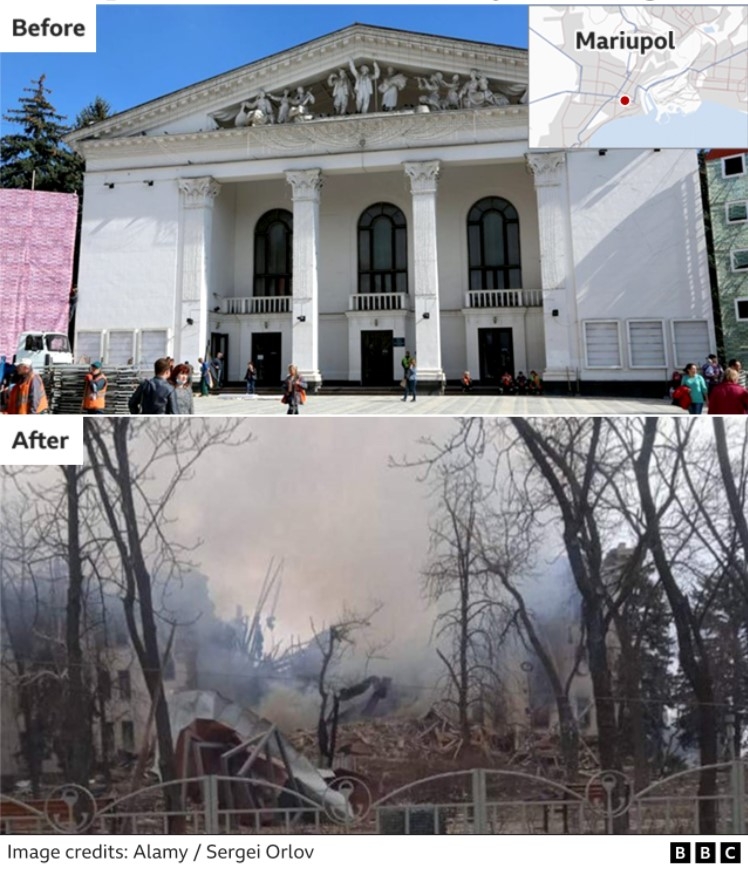 Teatrul din Mariupol înainte și după bombardament