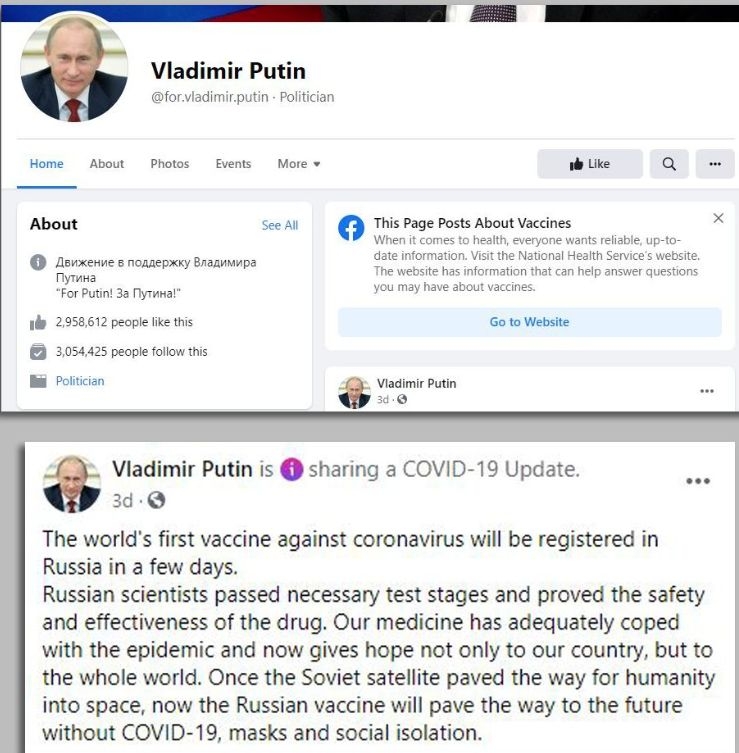 Cont fals de Facebook al lui Vladimir Putin