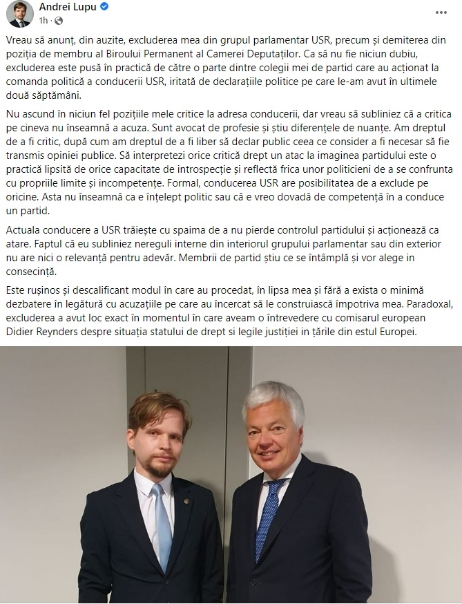 Postare Andrei Lupu privind excluderea din grupul parlamentar USR