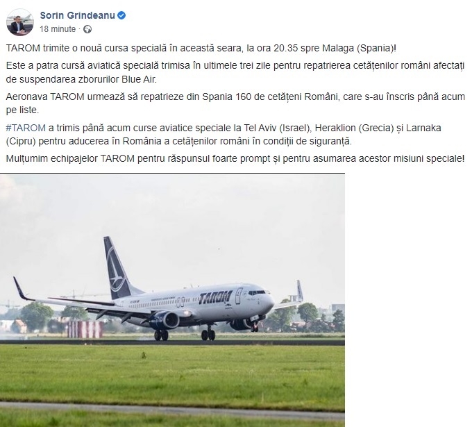 A patra aeronavă TAROM decolează către Spania
