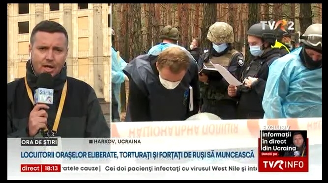 Corespondentul TVR Alexandru Costache relatând despre Izium