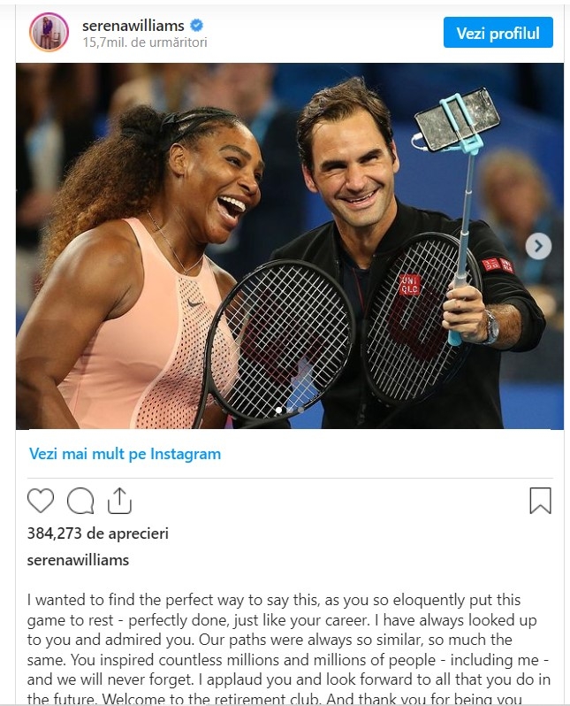 Serena Williams mesaj pe Roger Federer