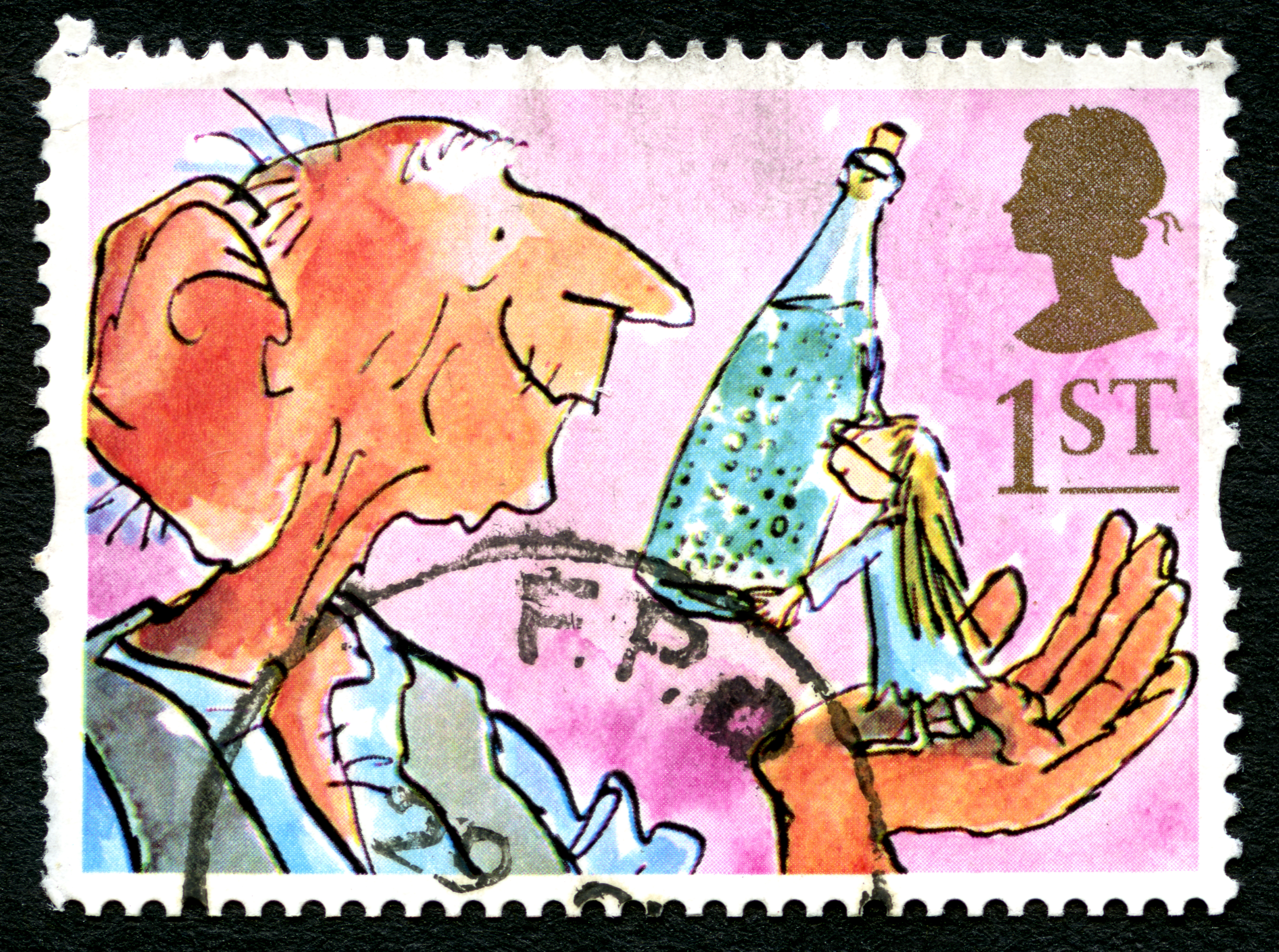 Un timbru poștal din Marea Britanie reprezentând o ilustrație din romanul „BFG” de Roald Dahl.