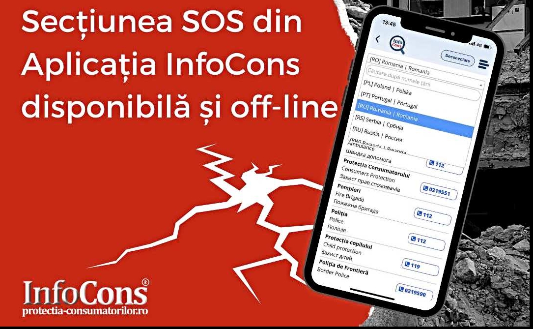 Secţiunea SOS din aplicaţia gratuită InfoCons disponibilă şi off-line