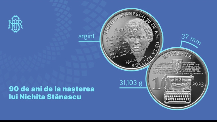 Monedă din argint cu tema 90 de ani de la naşterea lui Nichita Stănescu / BNR