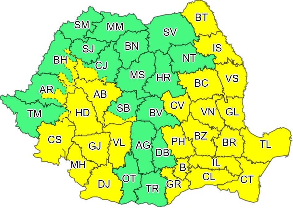 Cod galben de furtuni în 27 de judeţe şi în Bucureşti pe parcursul zilei de joi